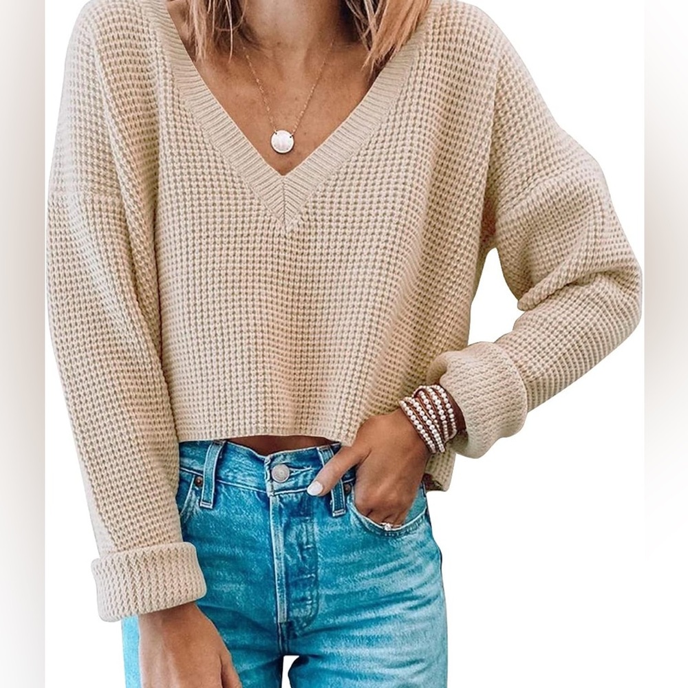Womens V Neck Waffle Knit Long Sleeve Pullover Crop Sweater